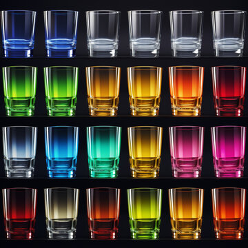 Fondo con detalle y textura de multitud de vasos de cristal de diferentes colores, sobre fondo negro