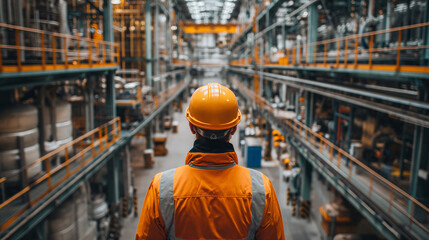 Fototapeta premium Engineer supervisor stands contemplatively with a hard hat, overseeing the busy operations of a bustling industrial facility.