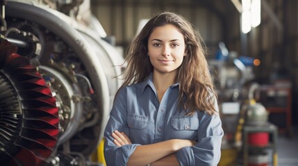 Portrait of a happy and confident female aerospace engineer works on an aircraft engine with expertise in technology and electronics in the aviation industry