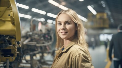 Fototapeta premium Portrait of a happy and confident female aerospace engineer works on an aircraft engine with expertise in technology and electronics in the aviation industry