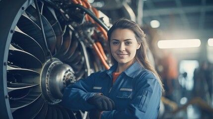 Portrait of a happy and confident female aerospace engineer works on an aircraft engine with expertise in technology and electronics in the aviation industry