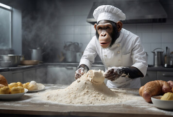 Happy chimpanzee pastry chef. AI generated - obrazy, fototapety, plakaty