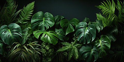 Tropical leaves pattern foliage, monstera leaves frame layout, background for summer banner,