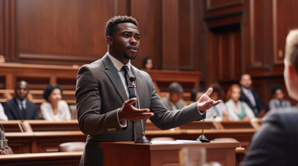 Court of Justice and Law Trial: Male Public Defender Presenting Case, Making Passionate Speech to Judge, Jury. African American Attorney Lawyer Protecting Client's Innocents with Supporting Argument.