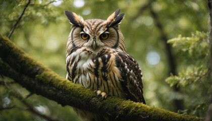 Owl in the tree branch summer time. AI generated