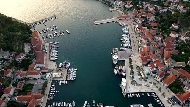 Aerial view of Jelsa Town with harbour area at the coastline of the island Hvar in Croatia, Europe