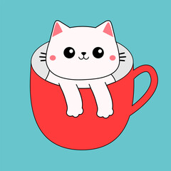 Cat in red coffee tea cup. Happy Valentines Day. White kitten. Paws hand. Contour line doodle. Cute cartoon funny baby animal pet character. Love greeting card. Flat design. Blue background.