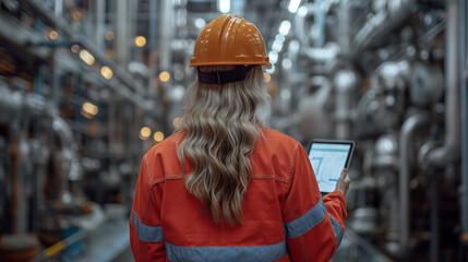 Industrial engineer woman in a hard hat using a digital tablet to monitor and analyze machinery at a manufacturing plant.