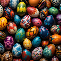fondo con detalle y textura de multitud de huevos de pascua decorados con diferentes formas y colores