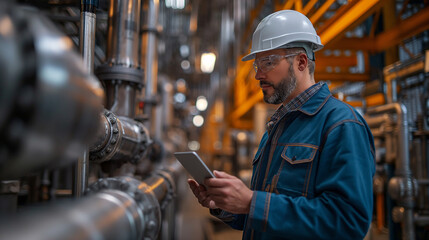 Industrial engineer man in a hard hat using a digital tablet to monitor and analyze machinery at a manufacturing plant.