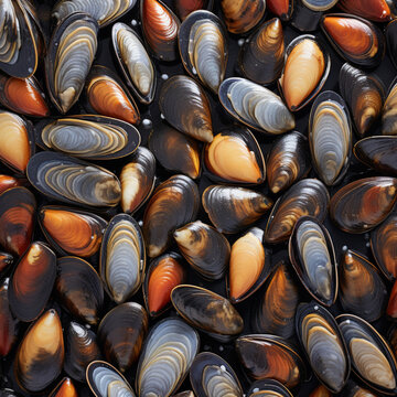 fondo con detalle y textura de multitud de mejillones con reflejos de luz