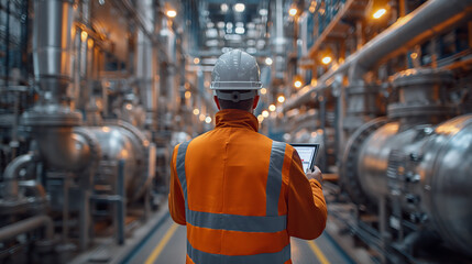 Industrial engineer man in a hard hat using a digital tablet to monitor and analyze machinery at a manufacturing plant.