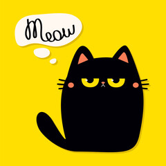 Cat sitting. Sad angry face. Kitten with big yellow eyes. Meow. Black silhouette icon. Cute cartoon baby character. Pink ears, nose, cheek. Funny kawaii pet animal. Flat design. Yellow background.