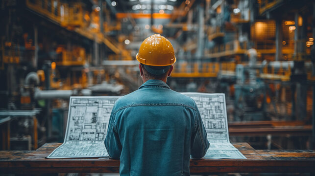 Professional engineer with a safety helmet intently checking complex blueprints at an industrial manufacturing plant.