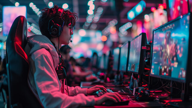 Gamer playing game, World region gaming expo, gaming industry event or gaming competition amusement,generative ai