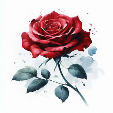 The image is a close-up of a red rose. The rose is a single bloom and is positioned against a white background.  The rose has a very smooth and velvety texture. The center of the rose is a bright red