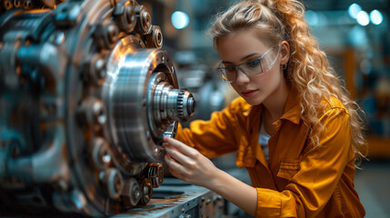 Skilled Mechanic Engineer Concentrating on Machinery Maintenance in overalls is focused on performing precise maintenance work on complex industrial machinery components.