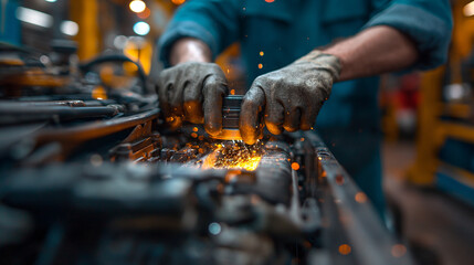 Skilled Mechanic Engineer Concentrating on Machinery Maintenance in overalls is focused on performing precise maintenance work on complex industrial machinery components.