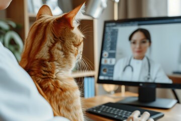 Ginger Cat Attends Virtual Veterinary Consultation With Owner During Daytime
