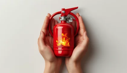 Fotobehang Smal fire extinguisher in hands isolated on white background. World Firefighter Day © MarijaBazarova