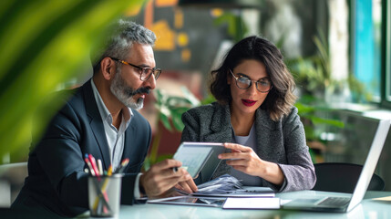 Team of diverse partners mature Latin business man and European business woman discussing project on tablet sitting at table in office. Two colleagues of professional business people working together.