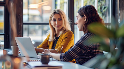 Women office worker discussing a new project with a colleague during the working day in co-working - Powered by Adobe