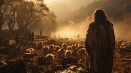 jesus with his sheep on hillside.