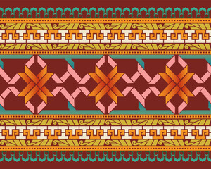 Textile surface pattern design with intricated interlacing patterns and Greek meander motifs on a brown background. Suite for textiles, fabric, clothing, and carpet. Colorful symmetrical patterns.