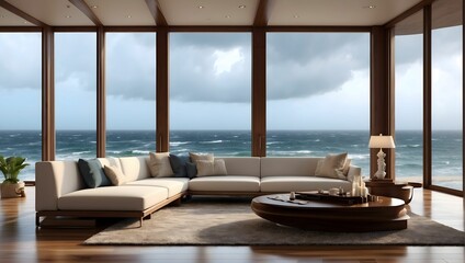 High-resolution interior architectural view of a mansion's living room with expansive glass windows overlooking the ocean, while a hurricane rages outside with torrential rain. generative AI