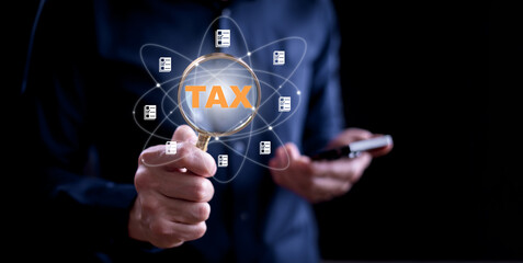 Concept of tax payment optimisation business financetaxes icon on technology screen,income tax and property, background for business, individuals and corporations such as VAT