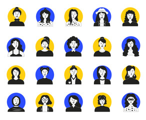 Beautiful female avatars. Woman portrait. User profiles. Hand drawn style. Vector drawing. Collection of design elements.