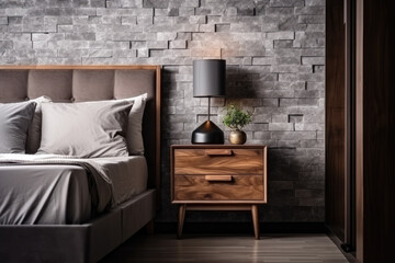 A perfect blend of style and comfort, this loft bedroom boasts a chic grey headboard and wooden drawer nightstand against a rustic brown brick backdrop.