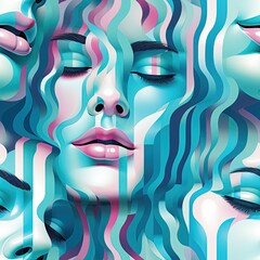 Seamless pattern womans face with light blue and pink wavy lines. Drawing illustration for fabric, print,decoration, banner, and wallpaper.
