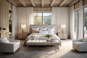 The rustic elegance of French country design in this modern bedroom, combining chic farmhouse style with contemporary comfort and sophistication. - obrazy, fototapety, plakaty