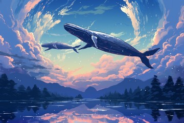 Majestic sky whales, soaring through the heavens with grace and tranquility - Generative AI - obrazy, fototapety, plakaty