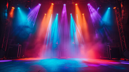 Fototapeta na wymiar Sound studio scene with colorful lighting concert stage background, generative ai