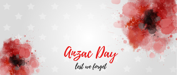 Remembrance day symbol. Anzac Day. Lest we forget lettering. Red watercolor poppies. Horizontal banner template