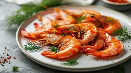 A plate of shrimp with herbs and seasonings on the table. Seafood for cafes and restaurants