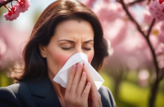 Elderly dark-haired woman blowing her nose into a handkerchief in front of a flowering tree. The concept of spring allergies. The season of blossoms and flower pollen
