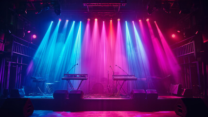 Sound studio scene with colorful lighting concert stage background, generative ai
