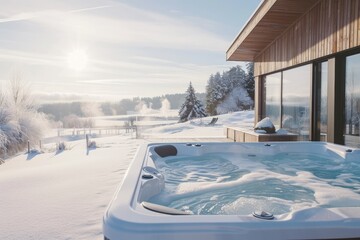 Modern winter spa resort with a heated outdoor hot tub, offering stunning views of a snowy landscape