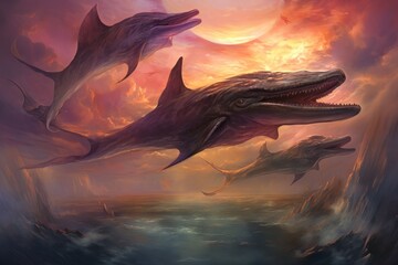 Majestic sky whales, soaring through the heavens with grace and tranquility - Generative AI