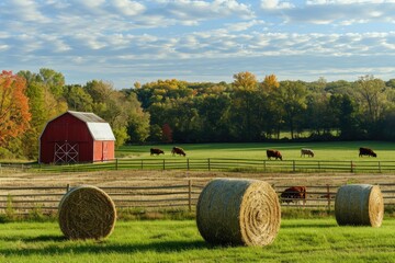 Rustic farm scene with hay bales, a red barn, and grazing livestock.