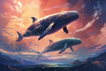 Fototapeta premium Majestic sky whales, soaring through the heavens with grace and tranquility - Generative AI