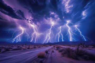 Surreal composite image of multiple lightning bolts converging over a desert landscape