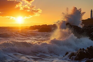 Waves crashing on a rocky shoreline at sunset, with a lighthouse in the distance.