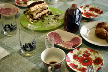 View of a table with dishes after dinner.