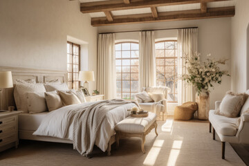 Discover the serenity and warmth of a French country interior in a modern bedroom, where rustic charm blends seamlessly with chic design elements. - obrazy, fototapety, plakaty