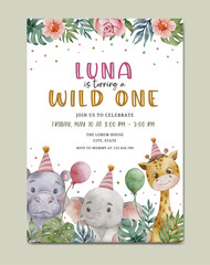 Birthday invitation safari theme watercolor template background © Yuni
