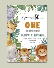 Birthday invitation safari theme watercolor template background - obrazy, fototapety, plakaty